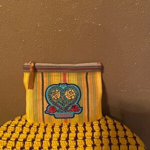 Consuela Elena Yellow Striped Zip Pouch with Floral Heart Patch